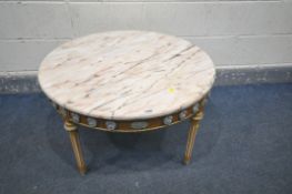 A LOUIS XVI STYLE LIGHT WOOD COFFEE TABLE, with a veined marble top, brass mounts and porcelain