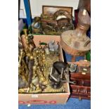 TWO BOXES AND LOOSE METALWARES AND TREEN, including a cardboard display of old saddlery tools,