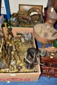 TWO BOXES AND LOOSE METALWARES AND TREEN, including a cardboard display of old saddlery tools,