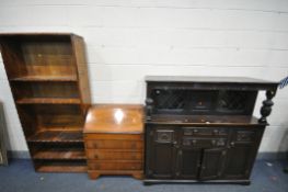 A REPRODUCTION OAK COURT CUPBOARD, raised back with two lead glazed windows, base with and