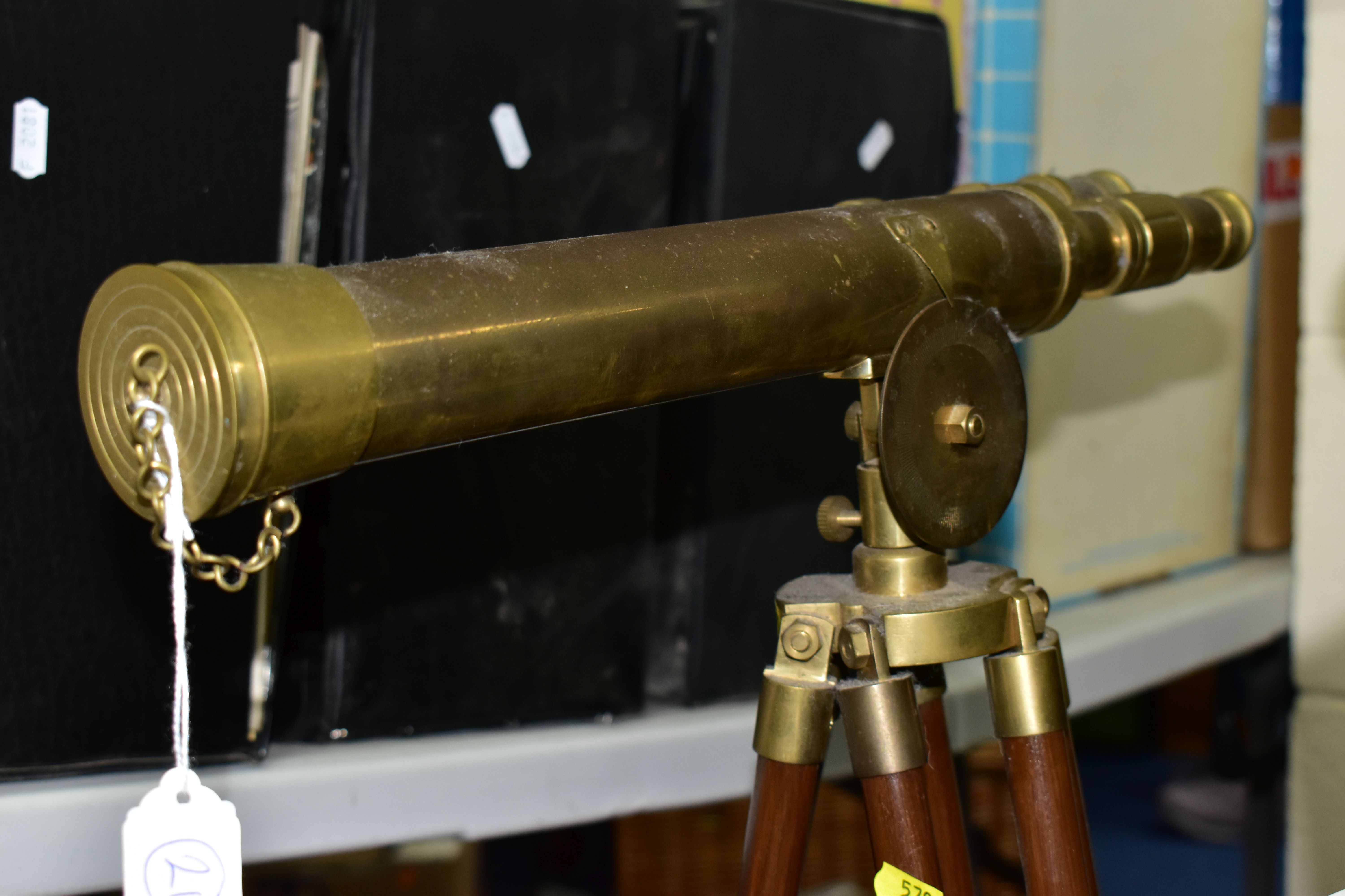 TWO VINTAGE TELESCOPES, both on wooden stands, one is brass with brass fittings (dusty, chipped - Image 3 of 5