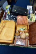 TWO BOXES OF HAND MADE NATURAL WOOD OBJECTS, including 'Wholegrain Woodness' hinged Willow box, a