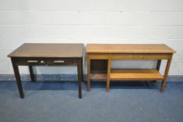 A MID CENTURY ABBESS OAK DESK with two drawers, width 106cm x depth 60cm x height 77cm, and an