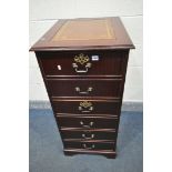 A MAHOGANY THREE DRAWER FIILNG CABINET, with tanned tooled leather inlay, width 50cm 61cm, height
