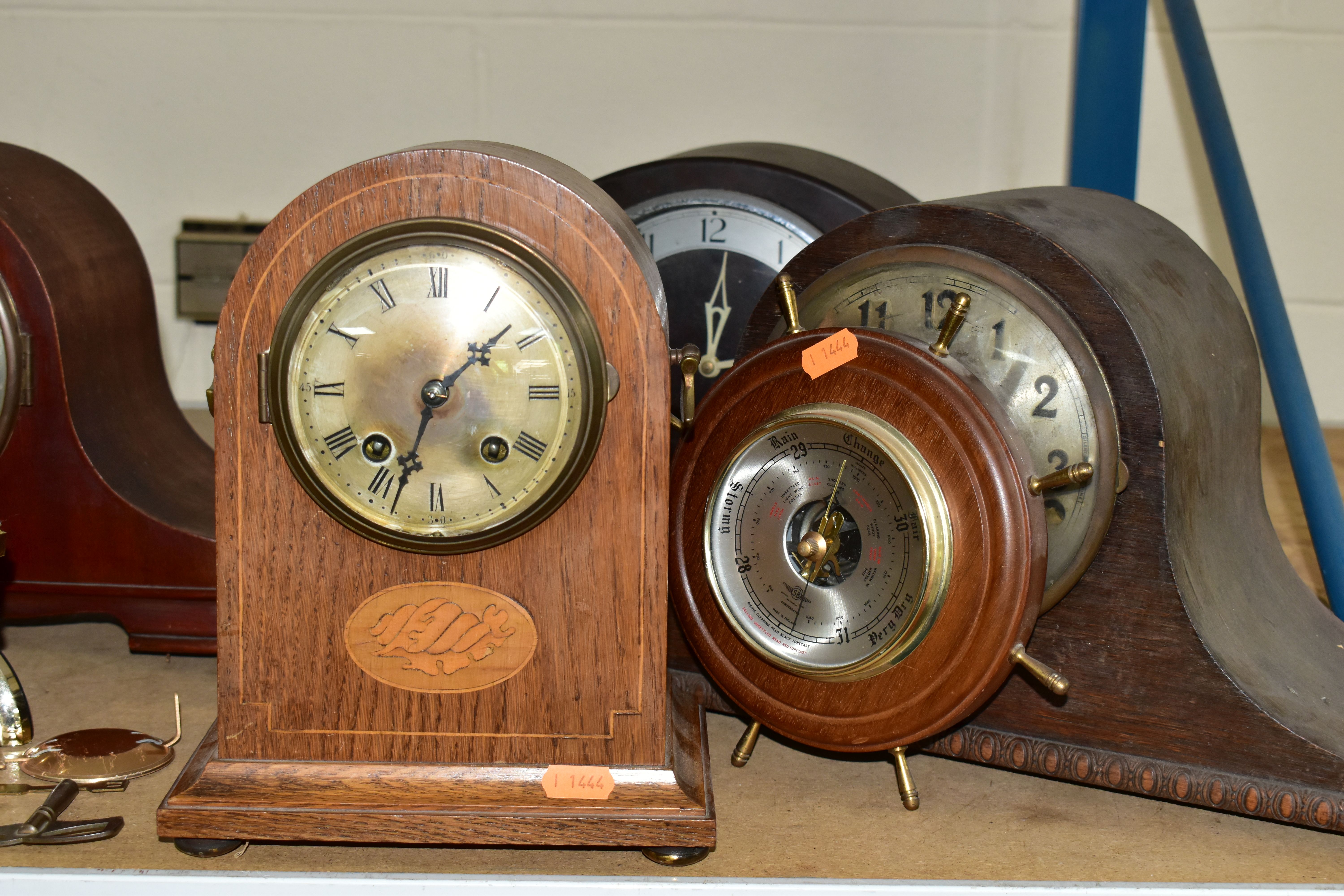 A QUANTITY OF CLOCKS AND TWO BAROMETERS, comprising two dome shaped clocks with Marquetry, height of - Image 2 of 6