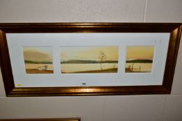 GED MITCHELL (BRITISH CONTEMPORARY) 'MINI LANDSCAPE TRIPTYCH IV', a panoramic water landscape with a