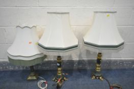 A BRASS CORINTHIAN COLUMN TABLE LAMP, along with a pair of green marble and brass table lamps,