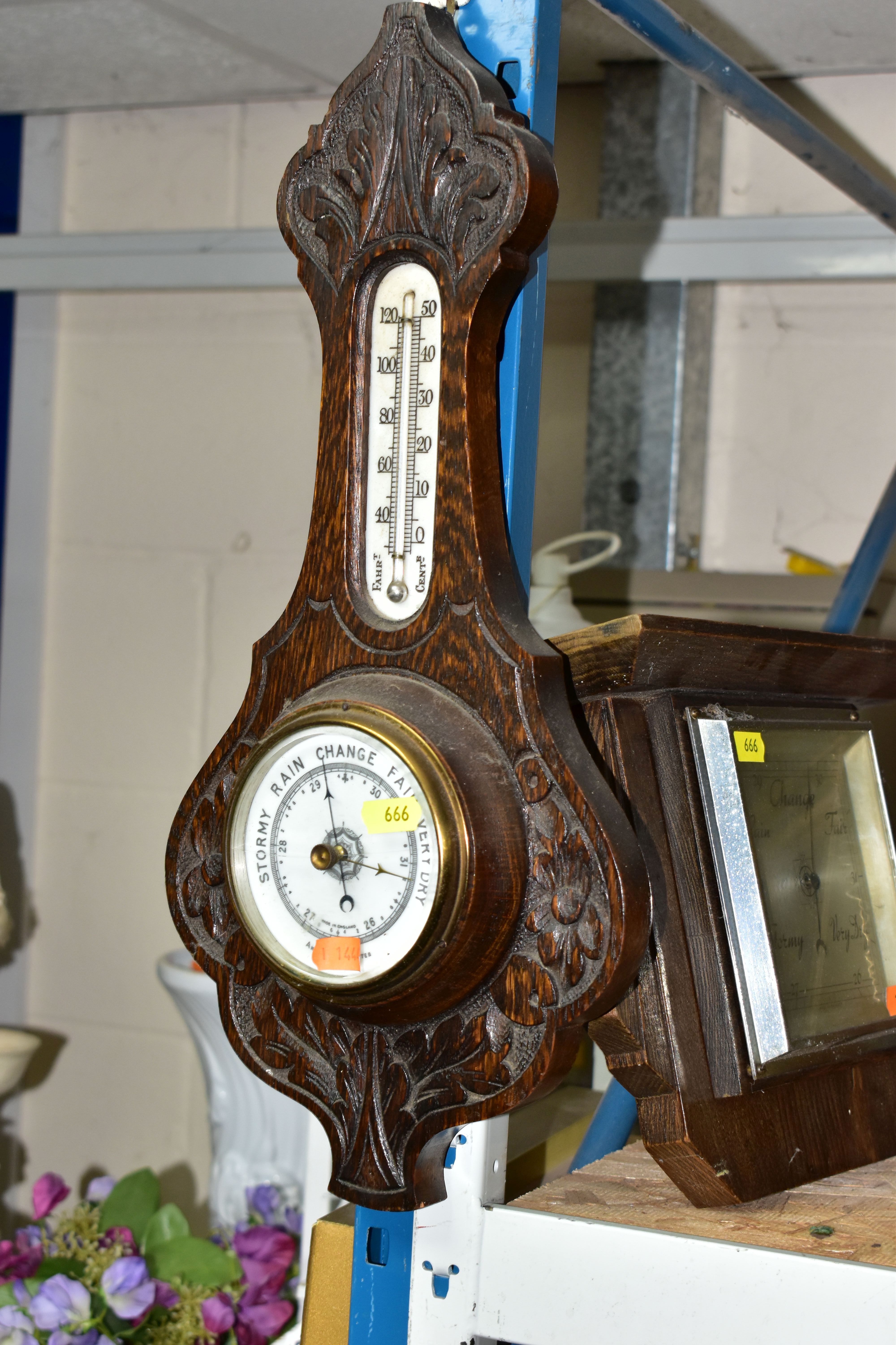 A COLLECTION OF ASSORTED CLOCKS AND BAROMETERS, including three oak cased mantel clocks, a battery - Image 5 of 8