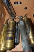 A COLLECTION OF VINTAGE FIRE EXTINGUISHERS, including three brass (Pyrene 1965, Valor EW902R), a