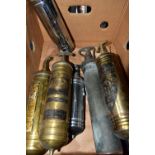 A COLLECTION OF VINTAGE FIRE EXTINGUISHERS, including three brass (Pyrene 1965, Valor EW902R), a