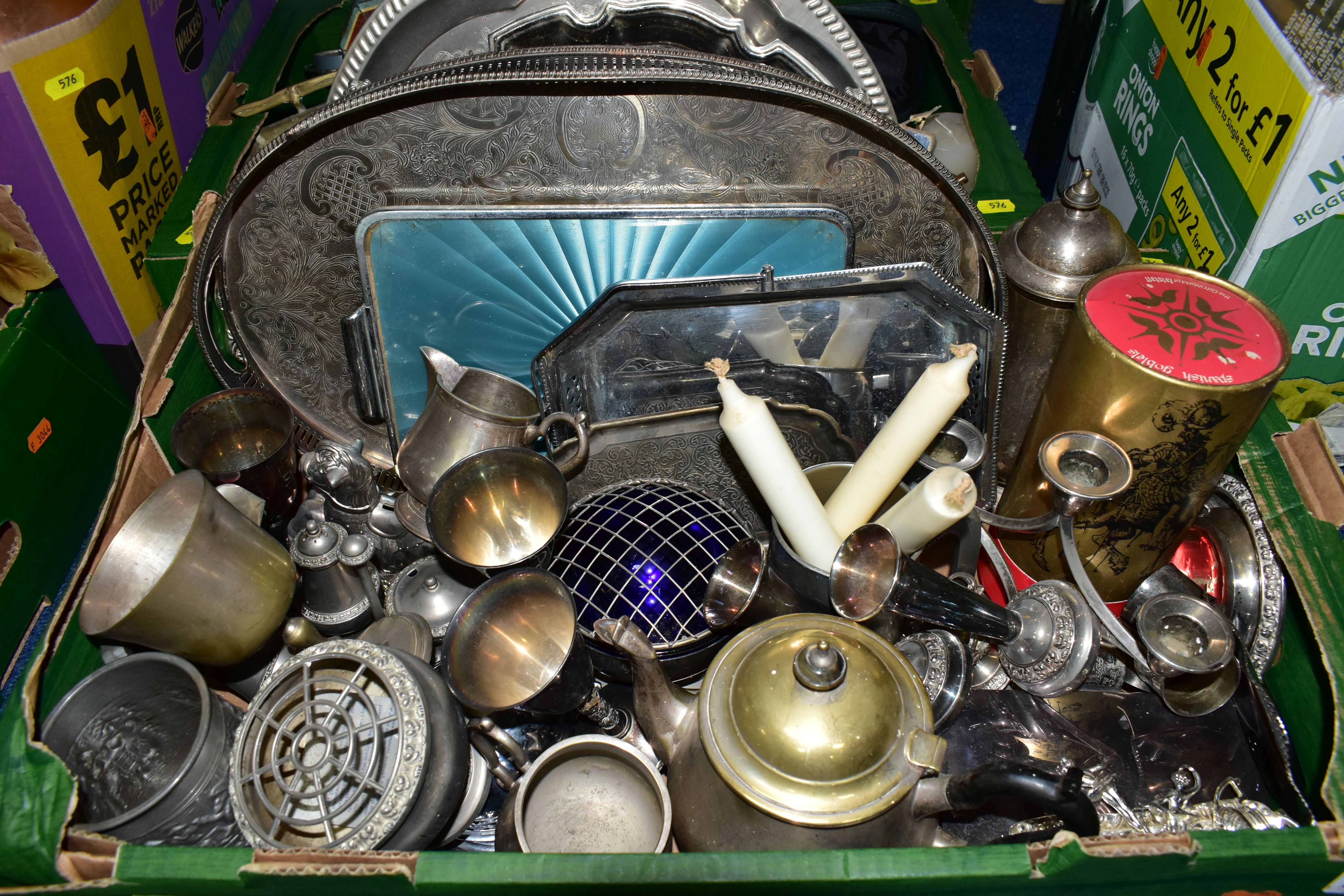 FIVE BOXES OF METALWARE, including pewter tankards, rose bowls, silver plate trays, candle sticks, - Image 3 of 7