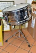 A HOHNER LE X SNARE DRUM ON A STAND, steel drum diameter 36.5cm (just over 14''), stand