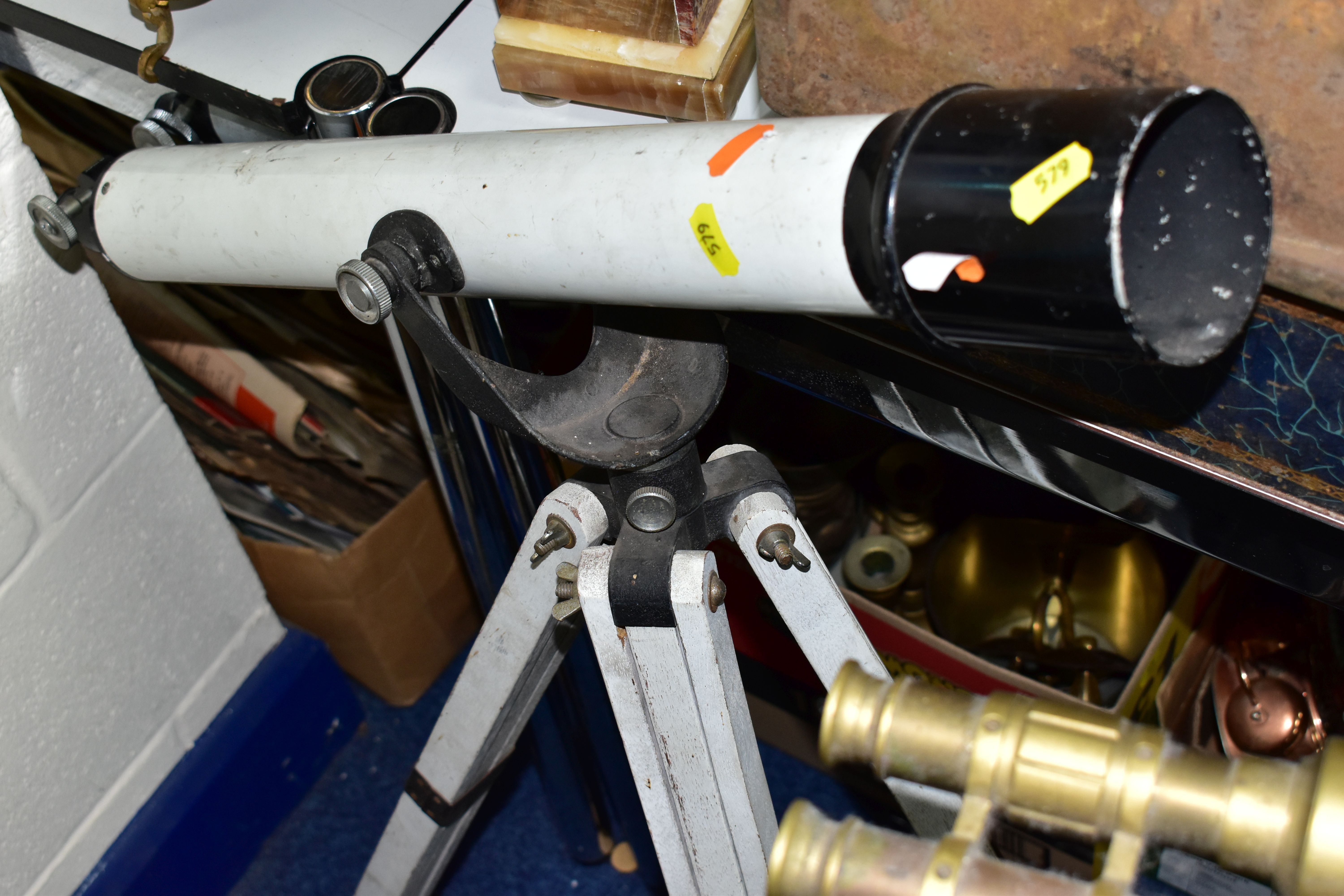 TWO VINTAGE TELESCOPES, both on wooden stands, one is brass with brass fittings (dusty, chipped - Image 5 of 5