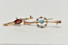 TWO YELLOW METAL BAR BROOCHES, the first set with a central turquoise cabochon, within an openwork