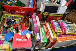 FOUR BOXES CONTAINING GAMES AND SUNDRY ITEMS, including three Waddington's 'Thunderbirds' jigsaws (