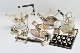 A BOX OF ASSORTED WHITE METAL TABLEWARE, to include two white metal abstract teapots in the style of