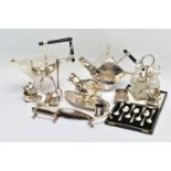 A BOX OF ASSORTED WHITE METAL TABLEWARE, to include two white metal abstract teapots in the style of