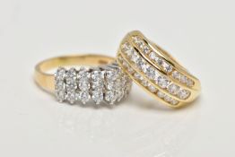 TWO 14CT GOLD DRESS RINGS, the first a yellow gold triple row channel set with twenty five