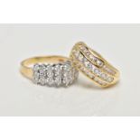 TWO 14CT GOLD DRESS RINGS, the first a yellow gold triple row channel set with twenty five