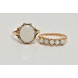 TWO GEM SET RINGS, the first designed with a row of five graduated split pearls, wavy edge detail