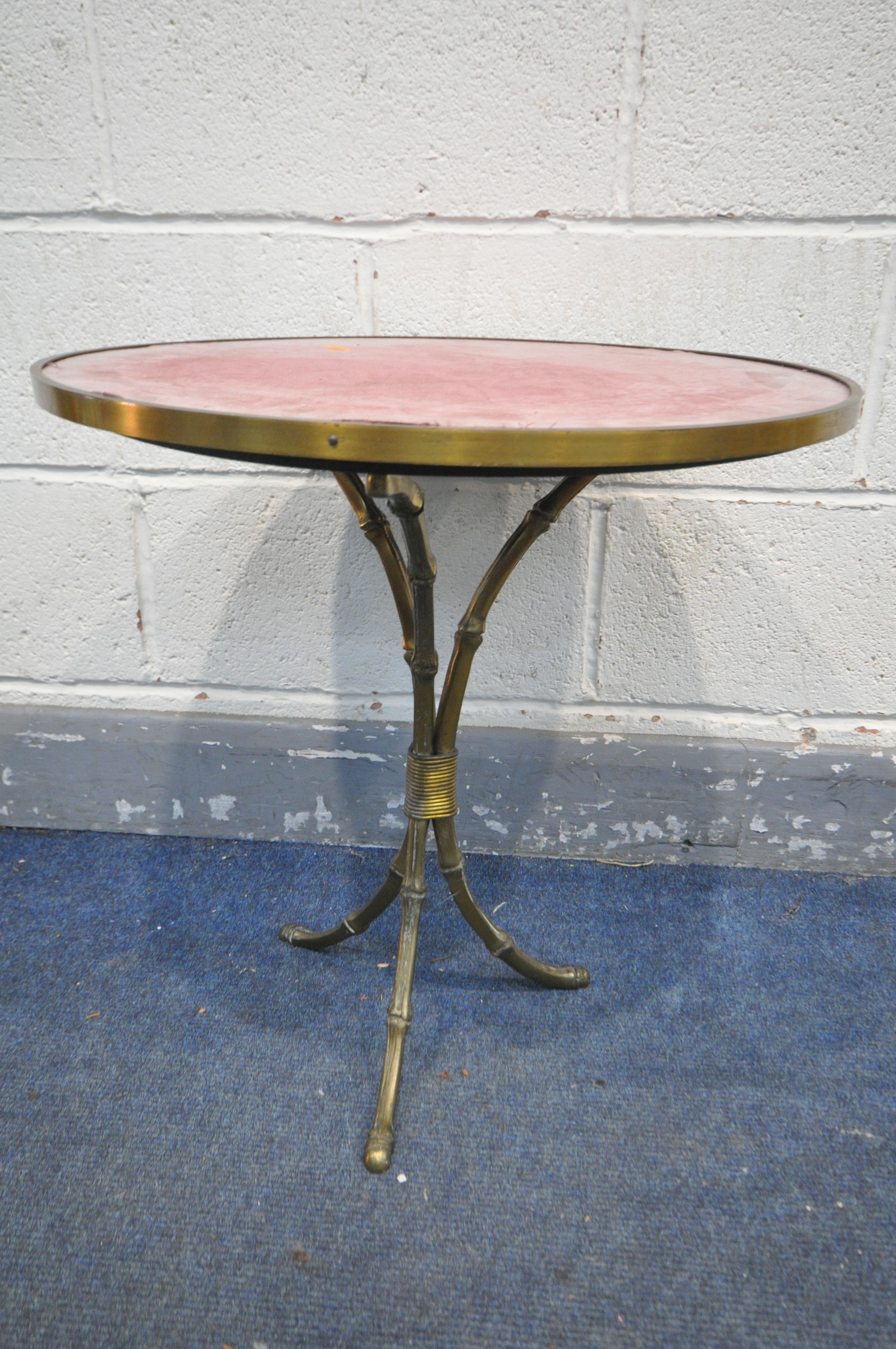 AN EARLY 20TH CENTURY BRASS CIRCULAR BAMBOO EFFECT SIDE TABLE, with a pink baize top surface, - Image 2 of 3