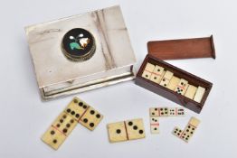 TWO SETS OF MINIATURE DOMINOES, the first designed as a white metal hinged case, with a circular