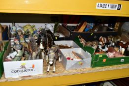 FOUR BOXES AND LOOSE CERAMICS, TOOLS, CHESS SET AND SUNDRY ITEMS, to include a box of ceramic animal