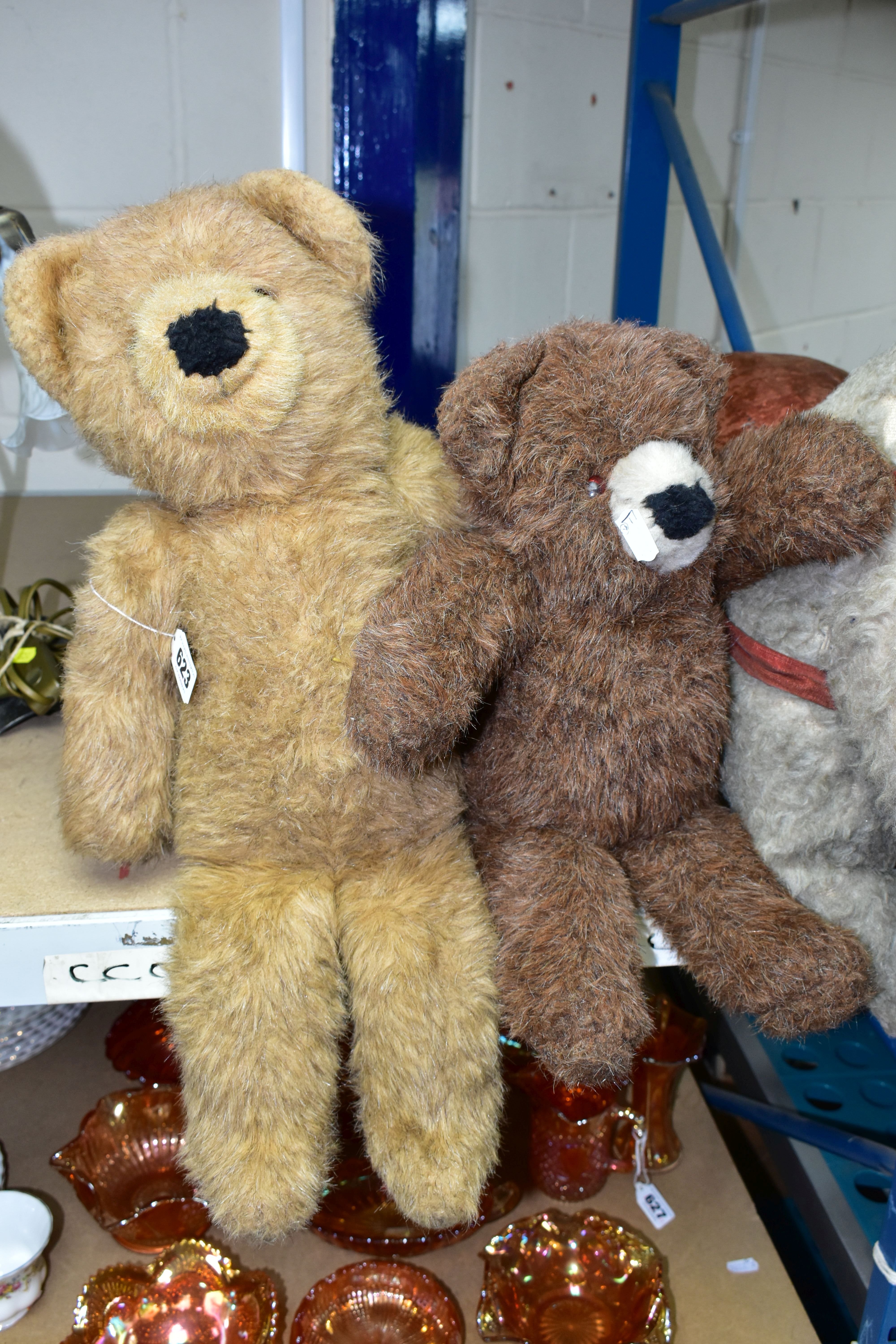 A LARGE STANDING RABBIT SOFT TOY, playworn condition, off white fur with faded red velvet dungarees, - Image 2 of 3