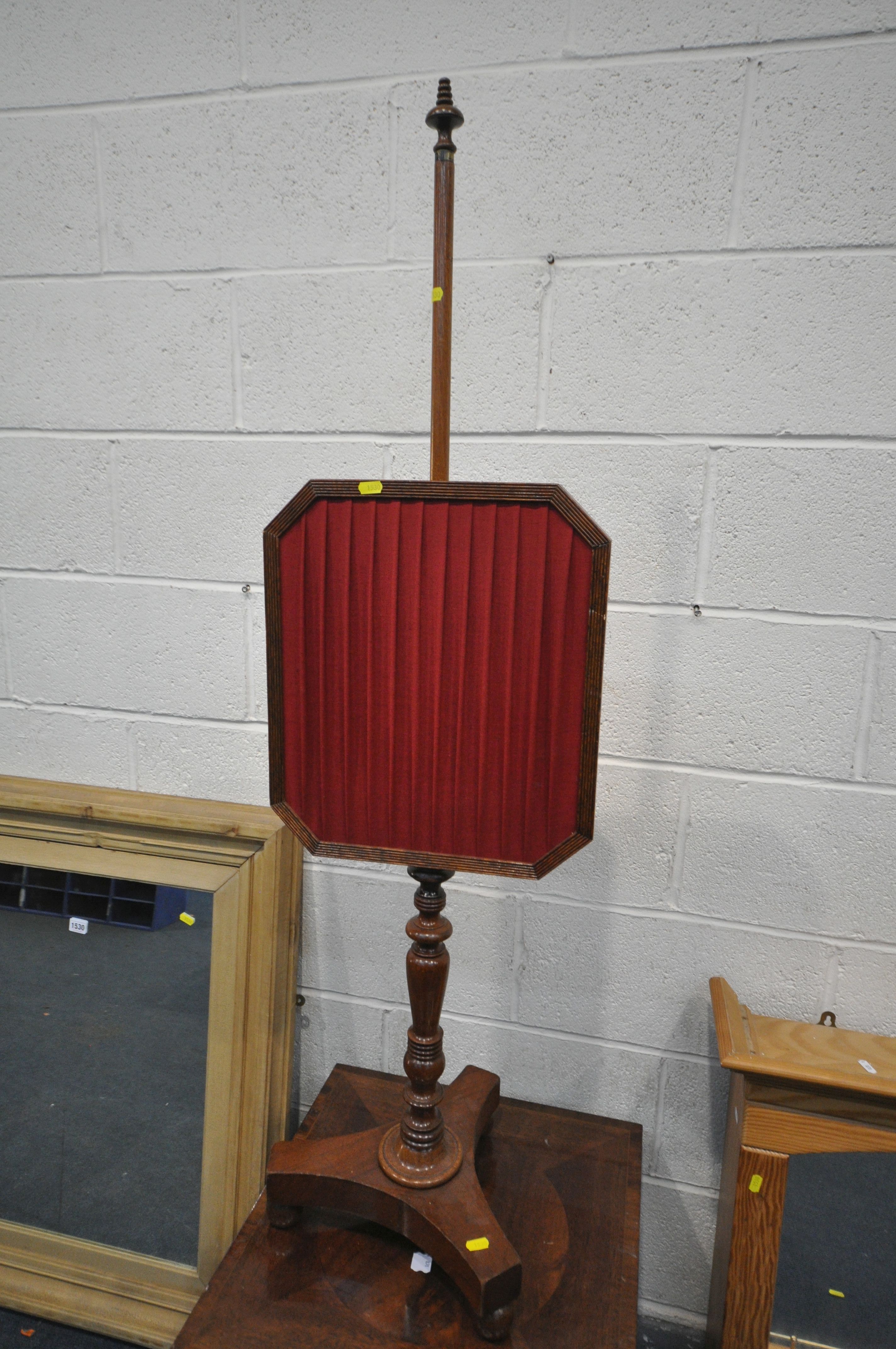 A PINE RECTANGULAR WALL MIRROR, width 80cm x height 95cm, along with a mahogany pole screen, a - Image 3 of 3