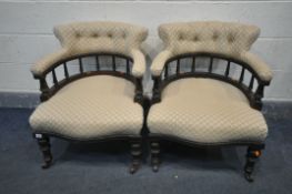 A PAIR OF EDWARDIAN MAHOGANY TUB CHAIRS, with scrolled back