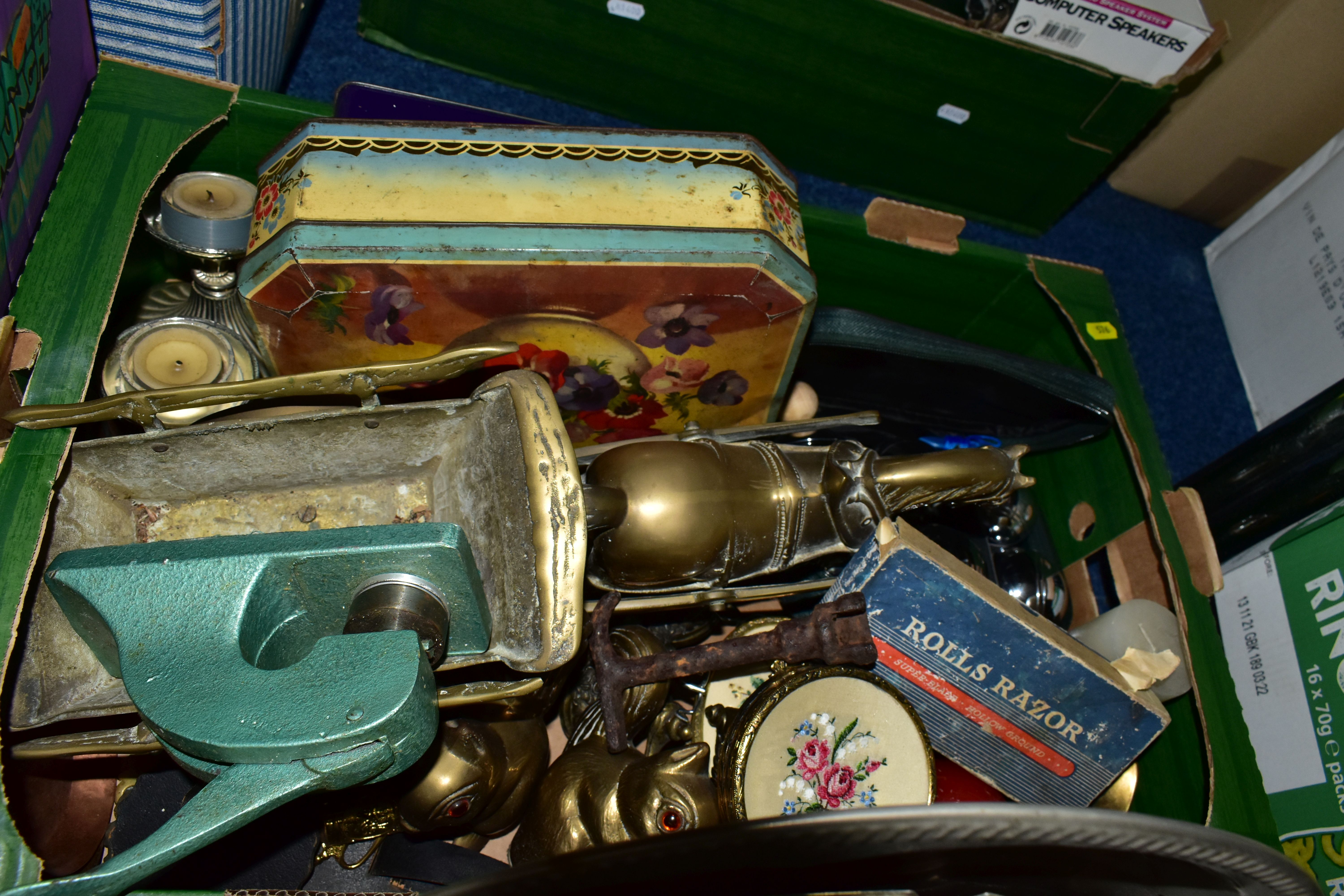 FIVE BOXES OF METALWARE, including pewter tankards, rose bowls, silver plate trays, candle sticks, - Image 4 of 7