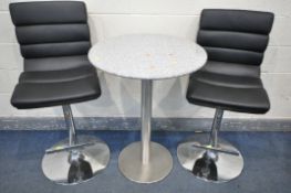 A MARBLE TOP PEDESTAL TABLE, on a metal base, diameter 71cm x height 96cm and a pair of black
