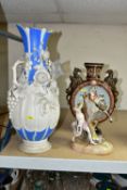 A CONTINENTAL PORCELAIN FIGURE OF A MARLY HORSE AND ATTENDANT, AND TWO OTHER CERAMIC ITEMS, the