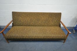 A MID CENTURY TEAK SOFA BED, with open armrests, length 195cm (condition - frame slightly rickety,