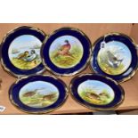 A SET OF FIVE SPODE 'GAME BIRDS' CABINET PLATES, blue and gilt borders surrounding 'Lapwing', '