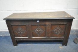 AN OAK COFFER, incorporating early timbers, width 110cm x depth 42cm x height 59cm (condition -