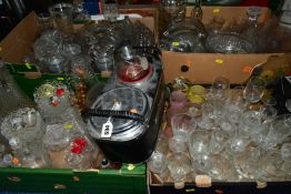 FOUR BOXES OF GLASSWARE, to include a variety of drinking glasses, vases, trinket dishes, fruit
