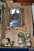 A BOX OF SILVER AND PLATED WARES, comprising a silver hallmarked sugar shaker, date letter rubbed,