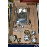 A BOX OF SILVER AND PLATED WARES, comprising a silver hallmarked sugar shaker, date letter rubbed,