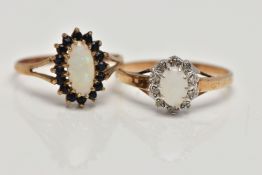 TWO 9CT GOLD CLUSTER RINGS, the first of an elongated oval opal within a surround of circular cut