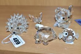 A GROUP OF FIVE SWAROVSKI CRYSTAL CREATURES, comprising Small Blowfish 012724, Hedgehog Oval