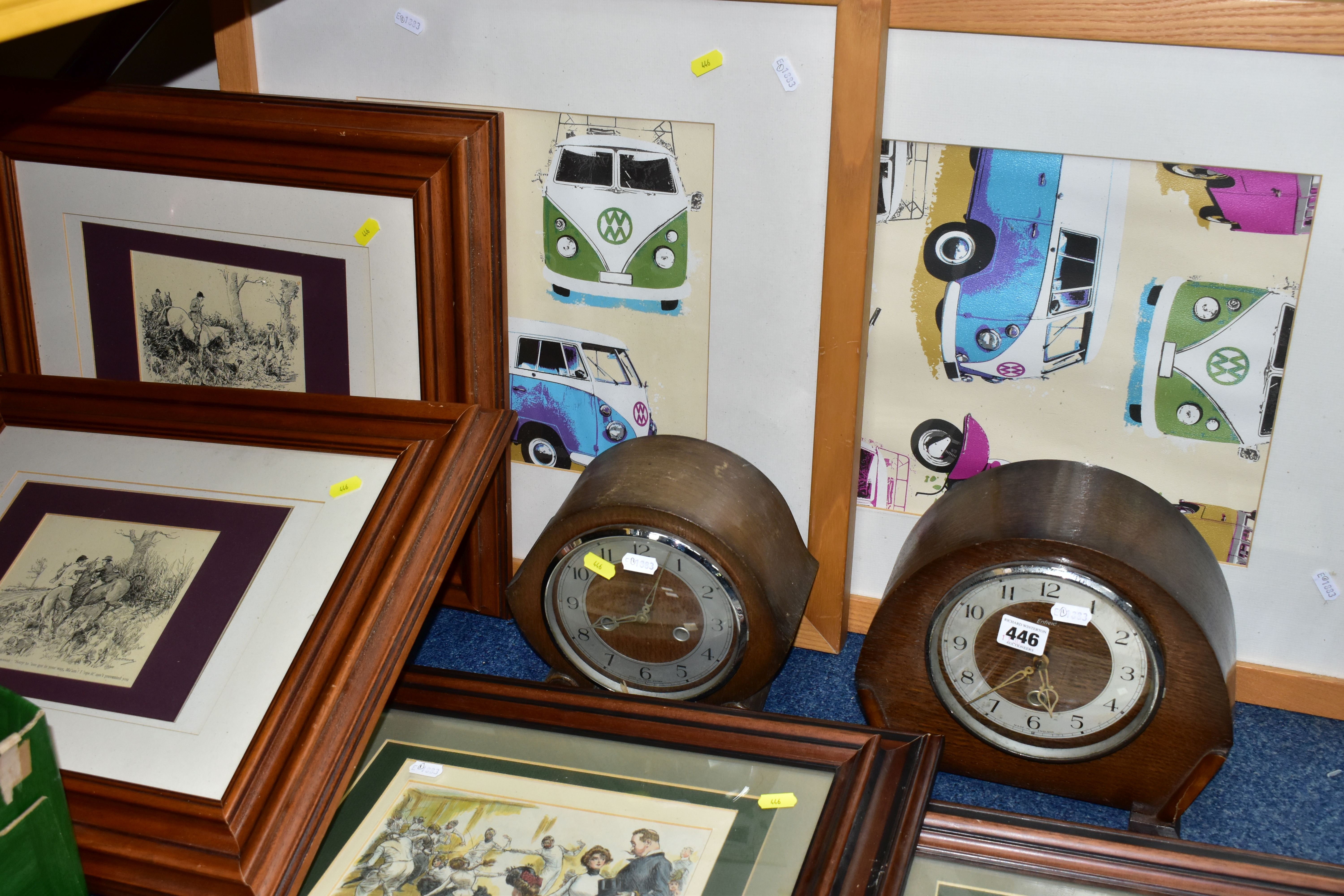 SIX FRAMED PICTURES AND TWO MANTEL CLOCKS, comprising two pairs of vintage style humorous prints