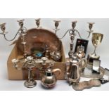 A BOX OF ASSORTED WHITE METAL WARE, to include two large silver-plated oval trays, a pair of
