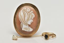 A 9CT GOLD RING, STICK PIN AND CAMEO BROOCH, an oval cabochon onyx stone, set with a rope twist