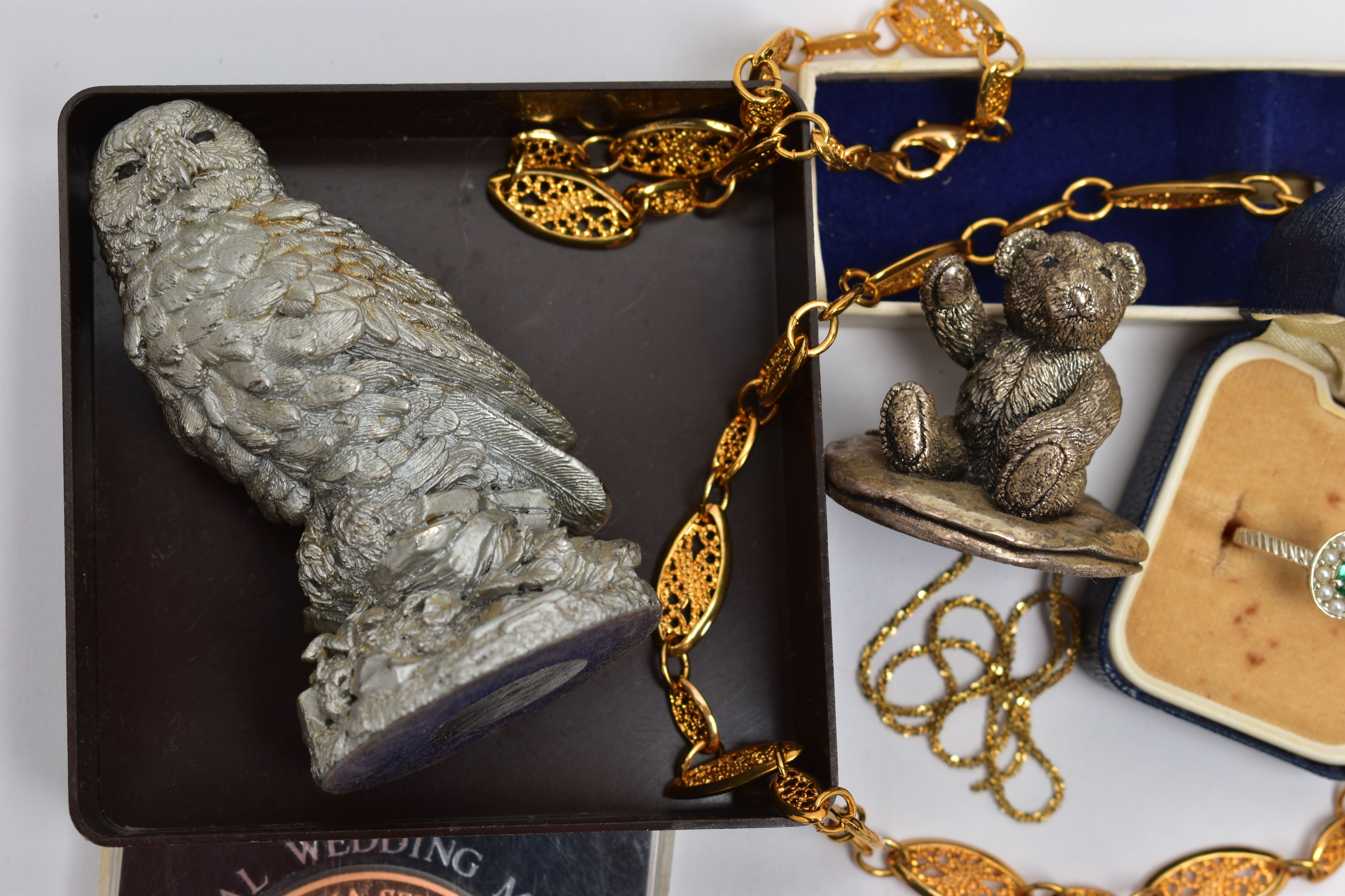 A BAG OF ASSORTED ITEMS, to include a silver filled owl figurine, hallmarked Birmingham and - Image 2 of 5