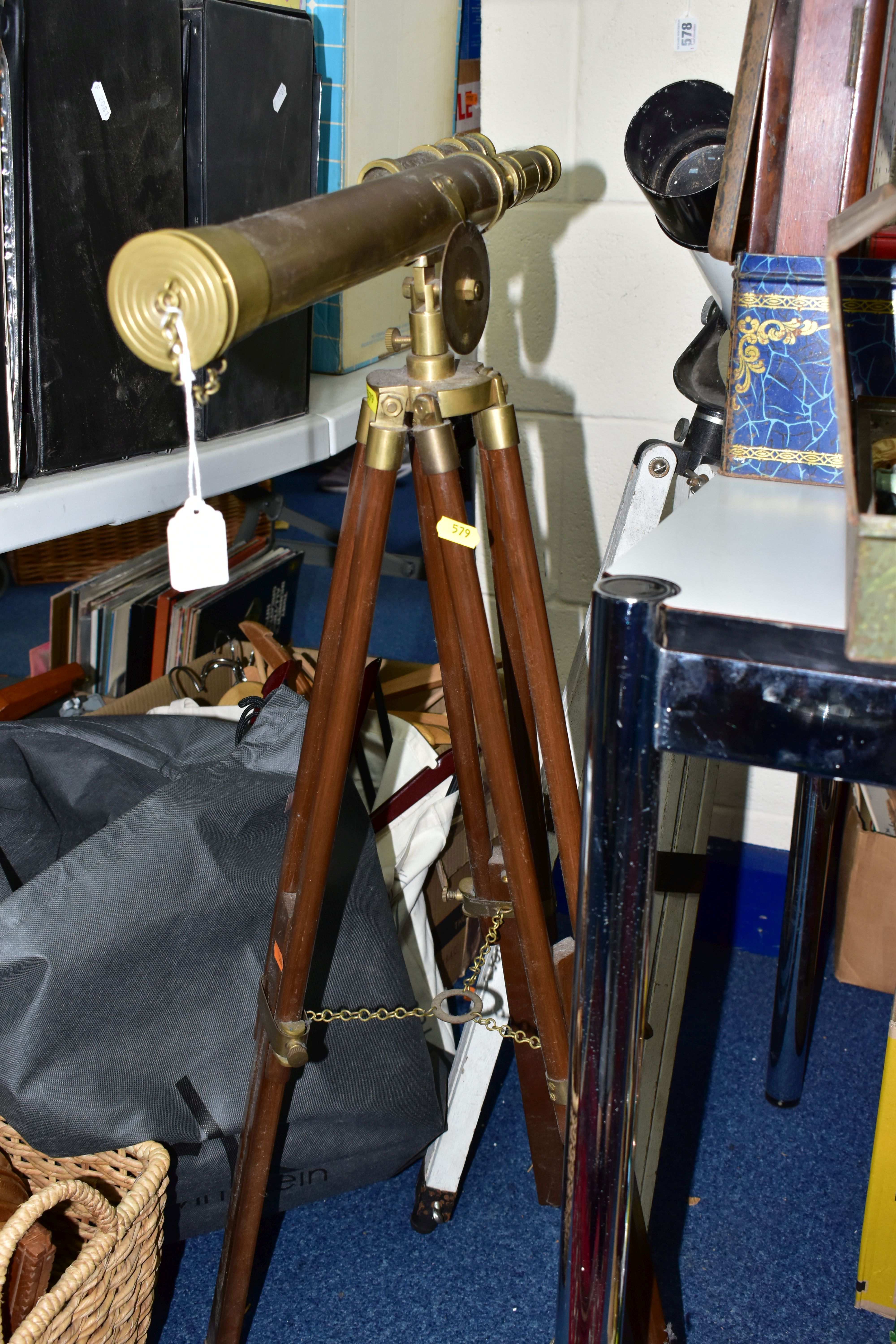 TWO VINTAGE TELESCOPES, both on wooden stands, one is brass with brass fittings (dusty, chipped - Image 2 of 5