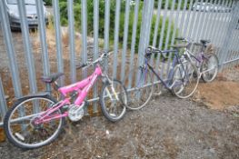 A CAMPAGNOLO PURPLE RACING BIKE, a Raleigh pink girls bike and a vertical ladies bike (3)