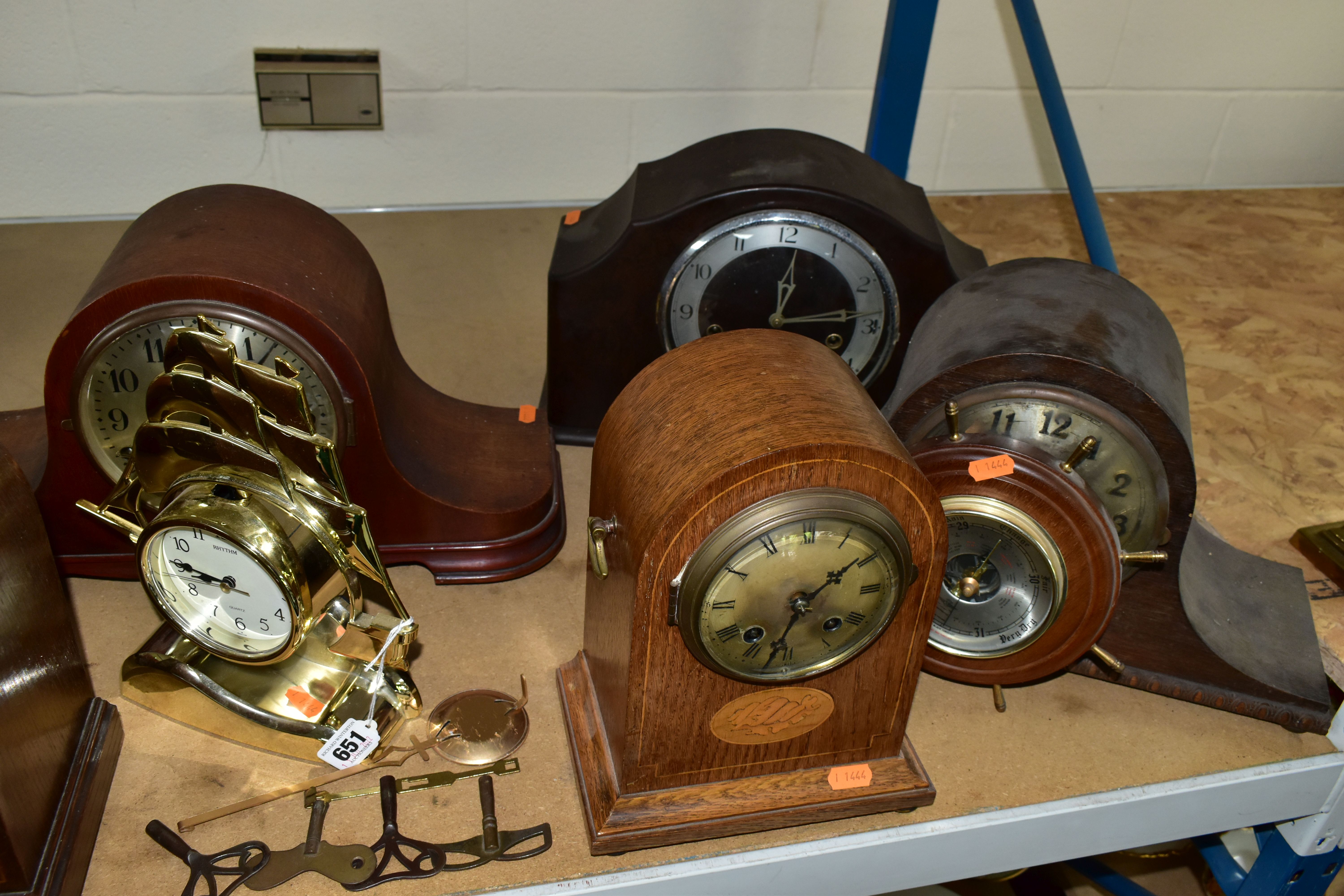 A QUANTITY OF CLOCKS AND TWO BAROMETERS, comprising two dome shaped clocks with Marquetry, height of - Image 4 of 6