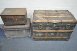 A WOODEN BANDED CANVAS TRUNK, width 88cm x depth 55cm x height 60cm, a wooden tool chest, and a