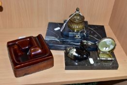 THREE DESK ACCESSORIES, comprising a marble desk single inkstand with pen rest (missing liner for